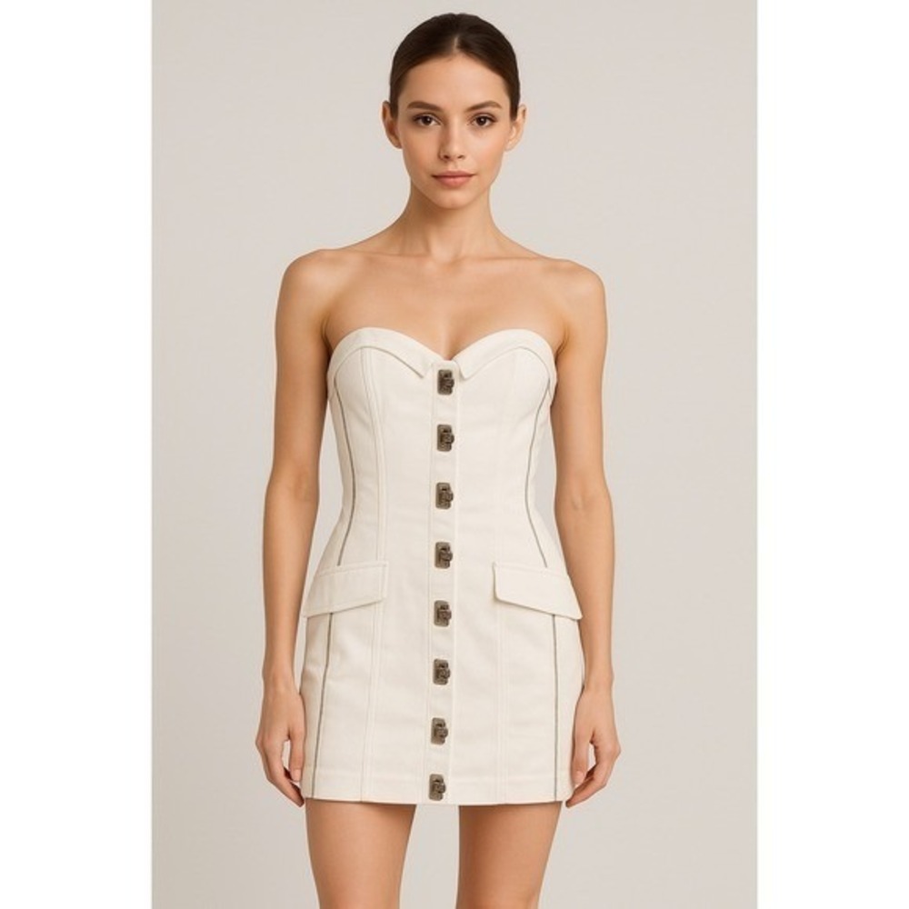 Bebe Strapless White Mini Dress Buttons Pockets Sleeveless Party Cocktail US 2